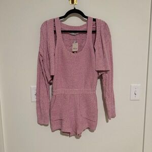 Free People Beach Romper and Cardigan Set Pink Marled Knit XS OB1464944 NWT